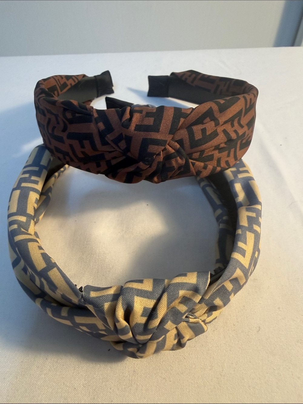 Knot-Front Patterned Headband in Brown and Beige